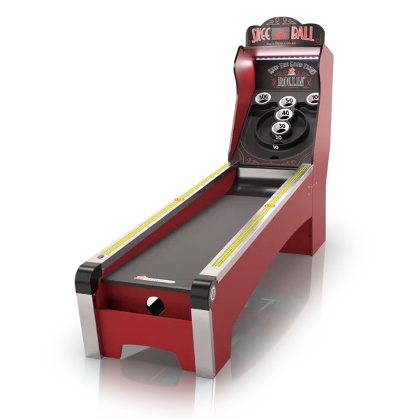 A skee ball arcade game machine with red and black colors on a white background.